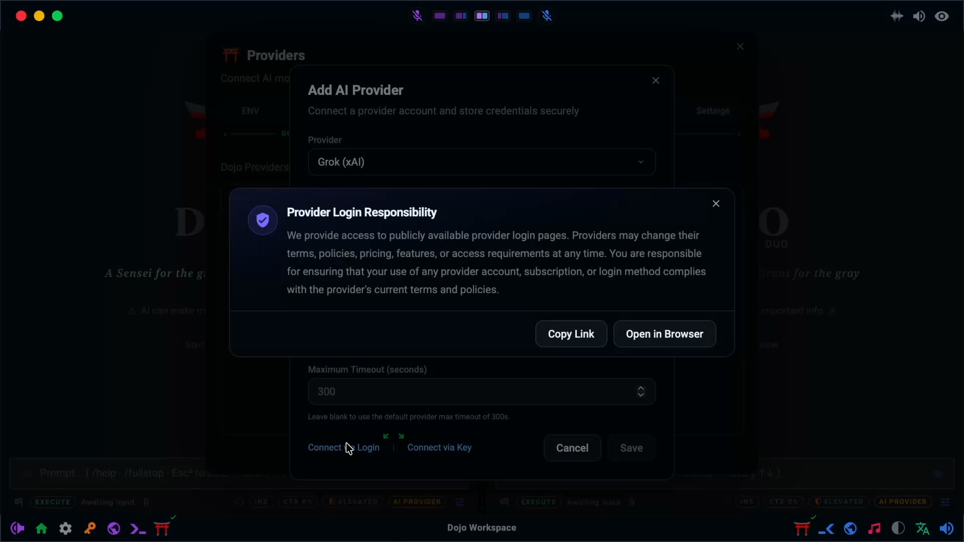 Dojo Workspace provider connection step with account login and API key options