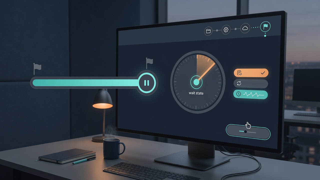 An automation workflow paused at a visible checkpoint with timer, progress, page condition, and human wake-up control