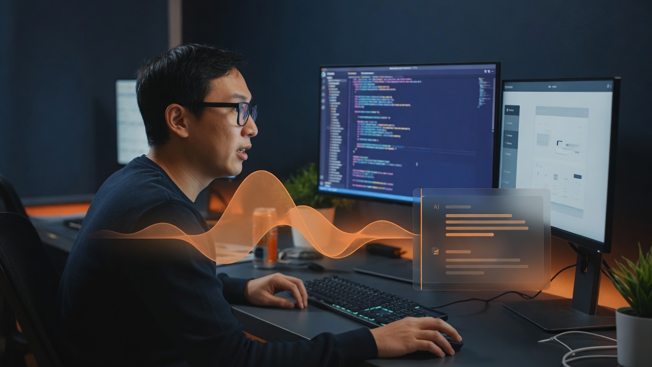 Developer speaking to an AI coding partner while keeping attention on code and a running application