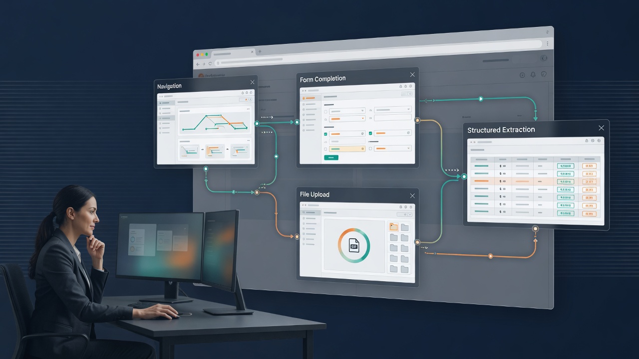 A human operator overseeing a connected multi-step browser workflow across web panels