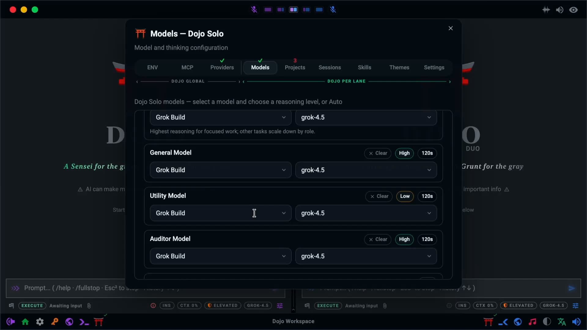 Dojo Workspace Models panel showing model selection and advanced role-specific model assignments