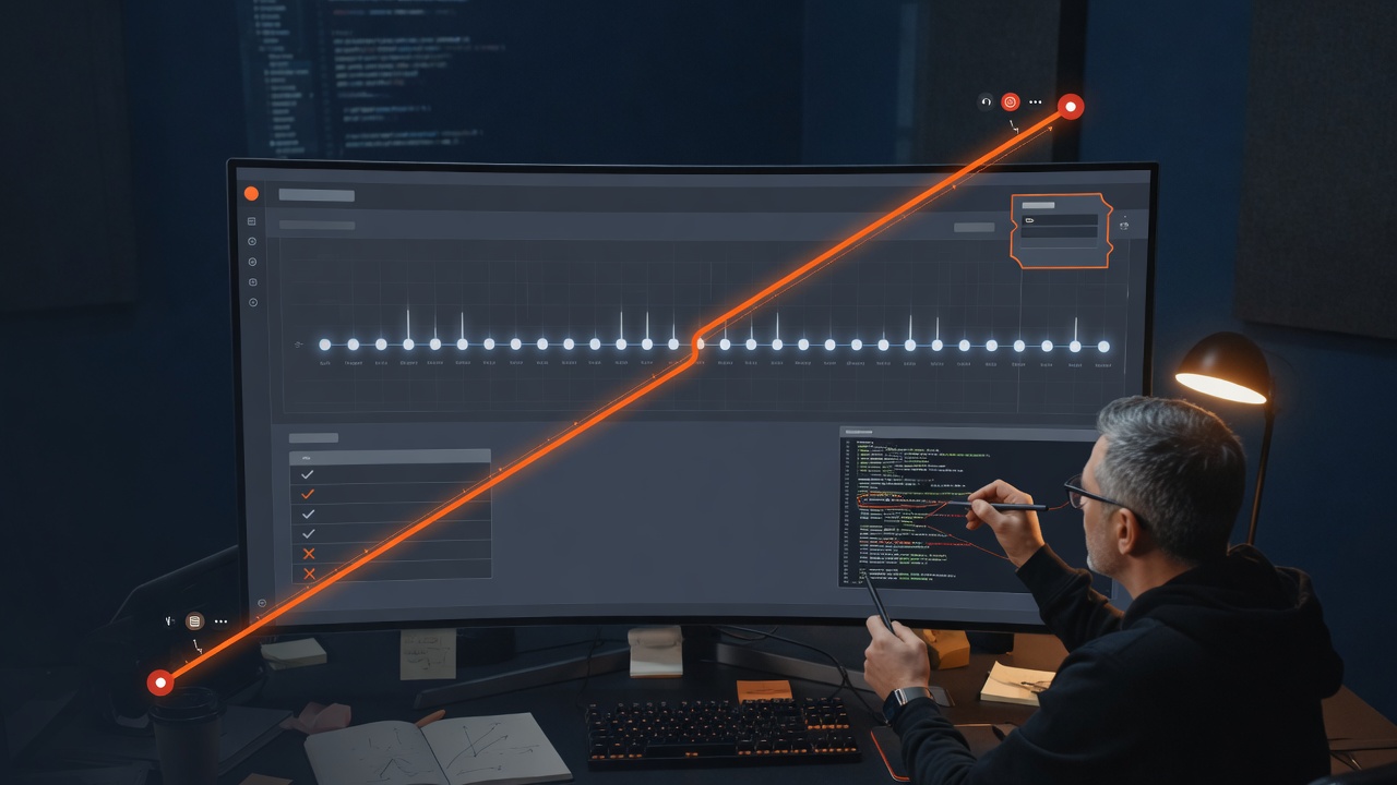 Developer tracing evidence across an application, network timeline, terminal, and tests