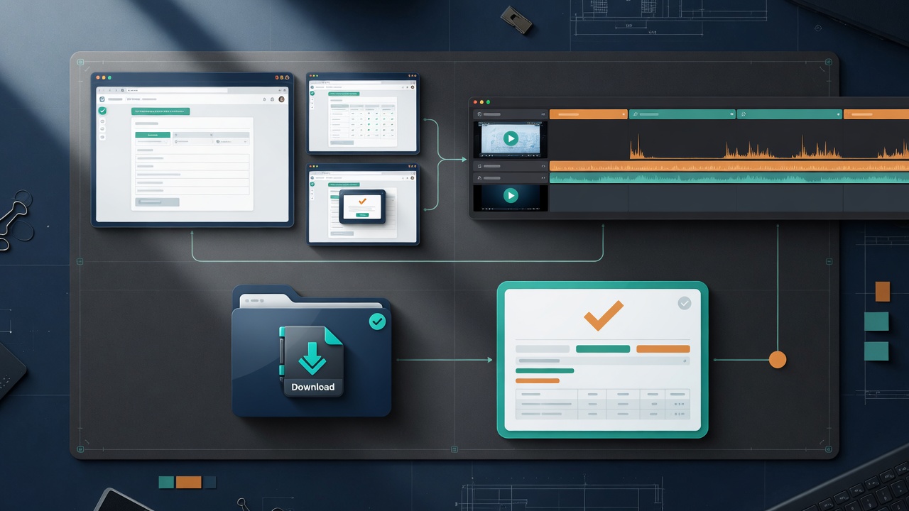 A completed automation workflow organized into screenshot thumbnails, a recording timeline, a downloaded file, and a verified result artifact