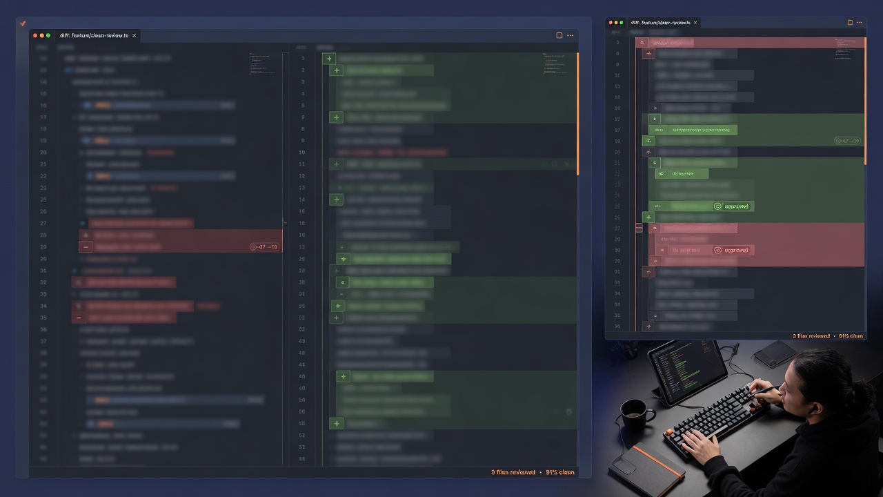 Developer reviewing side-by-side and unified software diffs in a clean dark interface