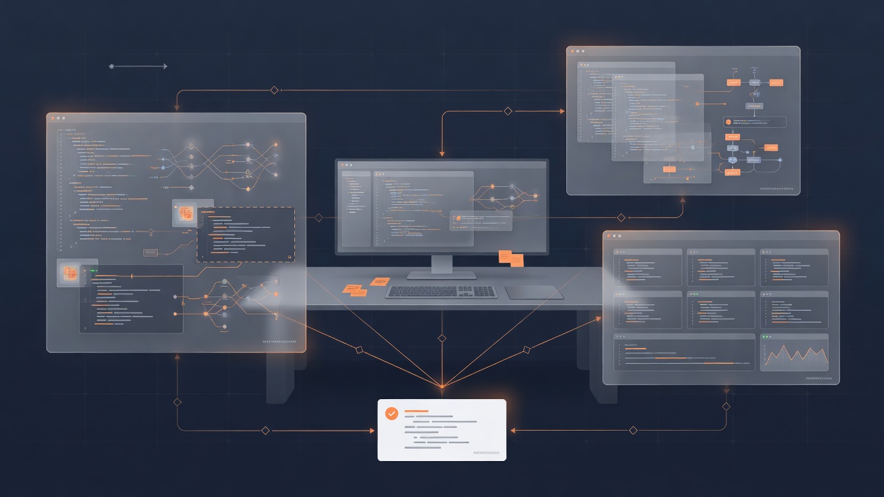 A central engineering workspace coordinating focused analysis, implementation, and verification workstreams