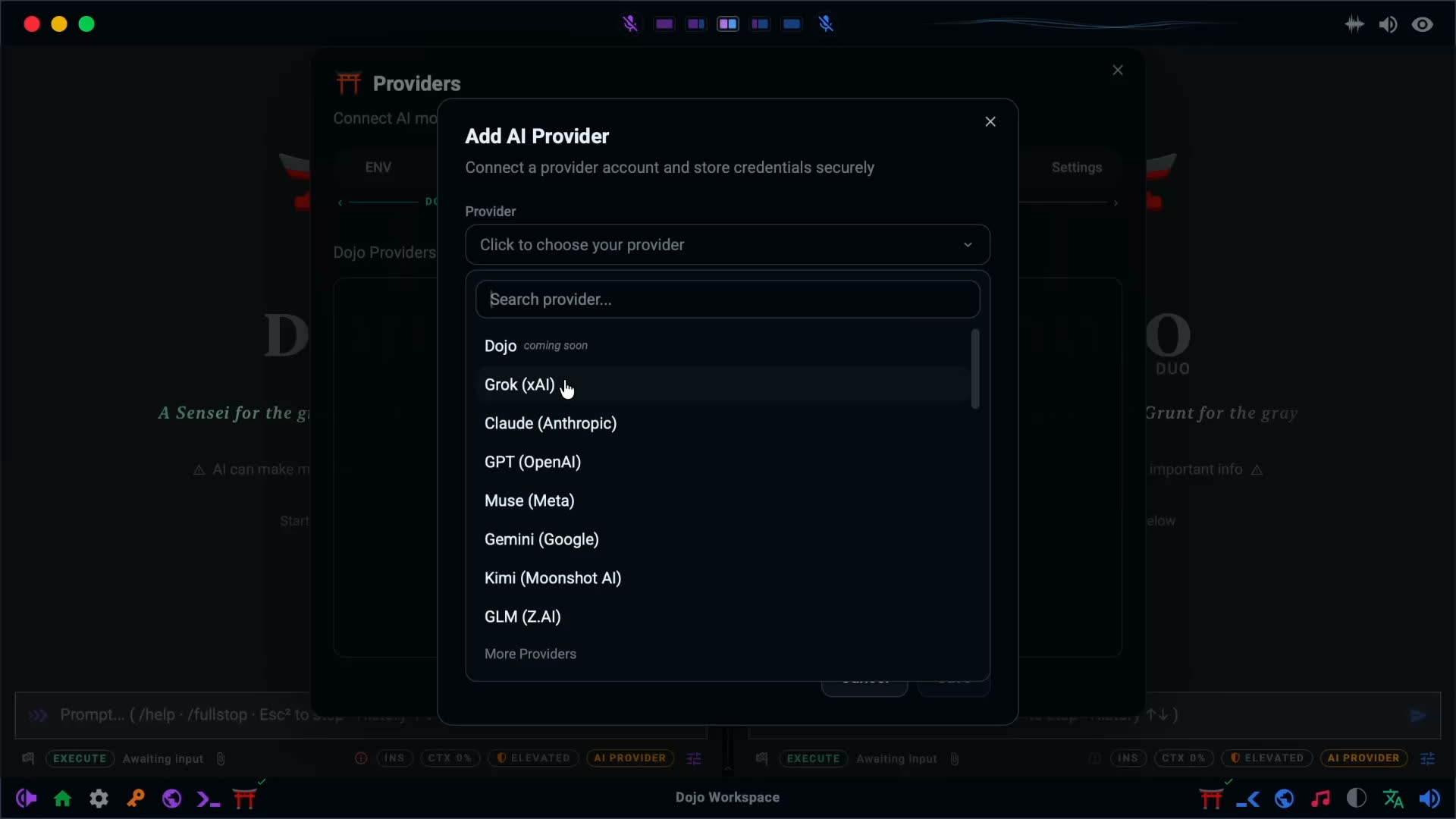 Dojo Workspace provider selector showing supported AI provider choices