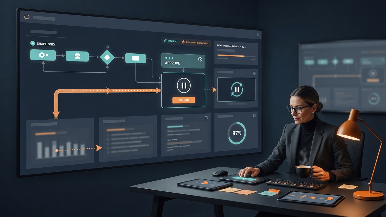 An operations professional overseeing an automation workflow paused at a clear human approval checkpoint