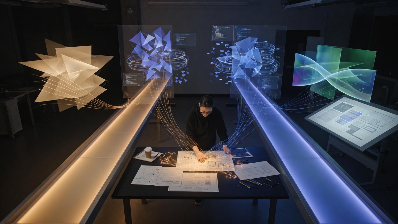 A human creator working between focused Solo and coordinated Duo AI collaboration lanes